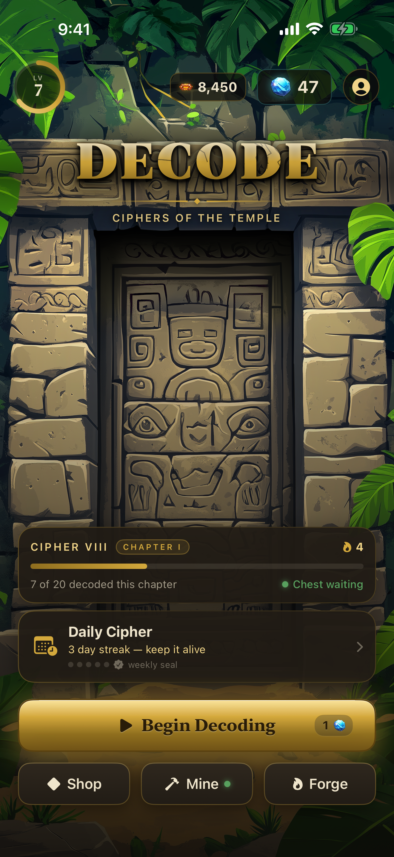 Decode main menu — the glowing temple door beneath the DECODE title