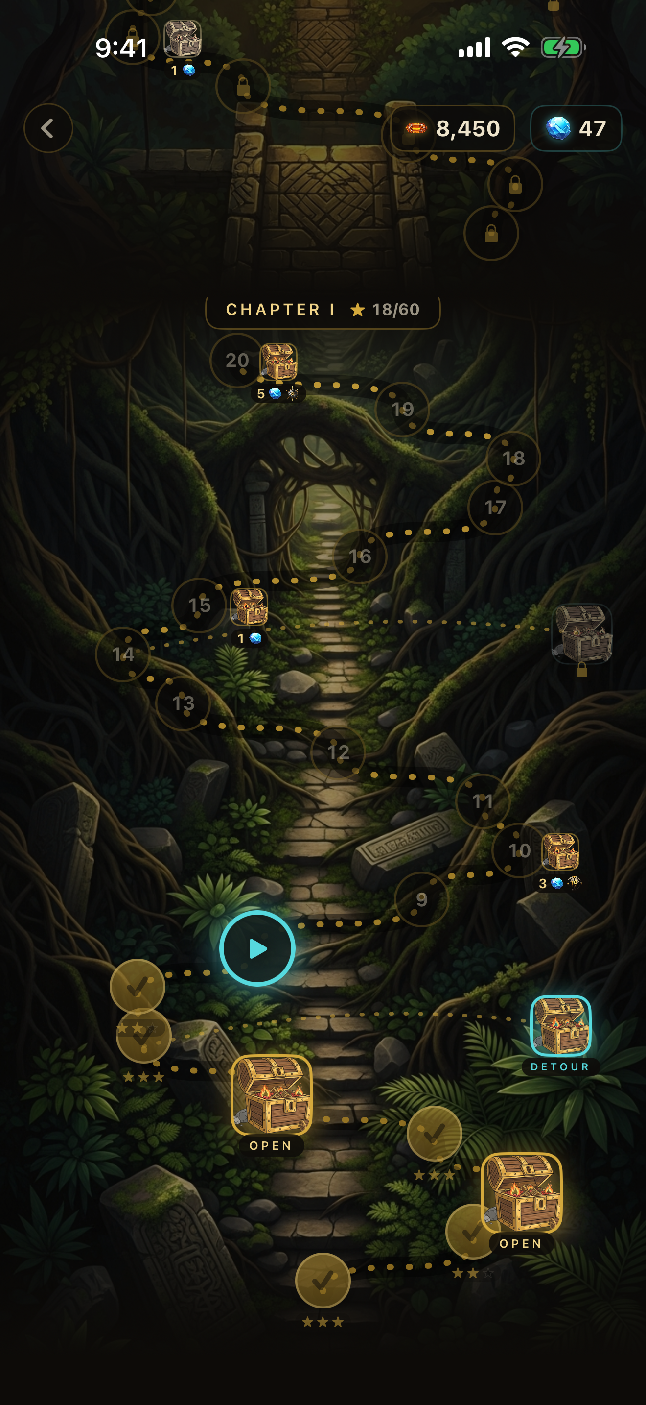 The Temple Ascent adventure map, a winding path of chapter nodes and treasure chests