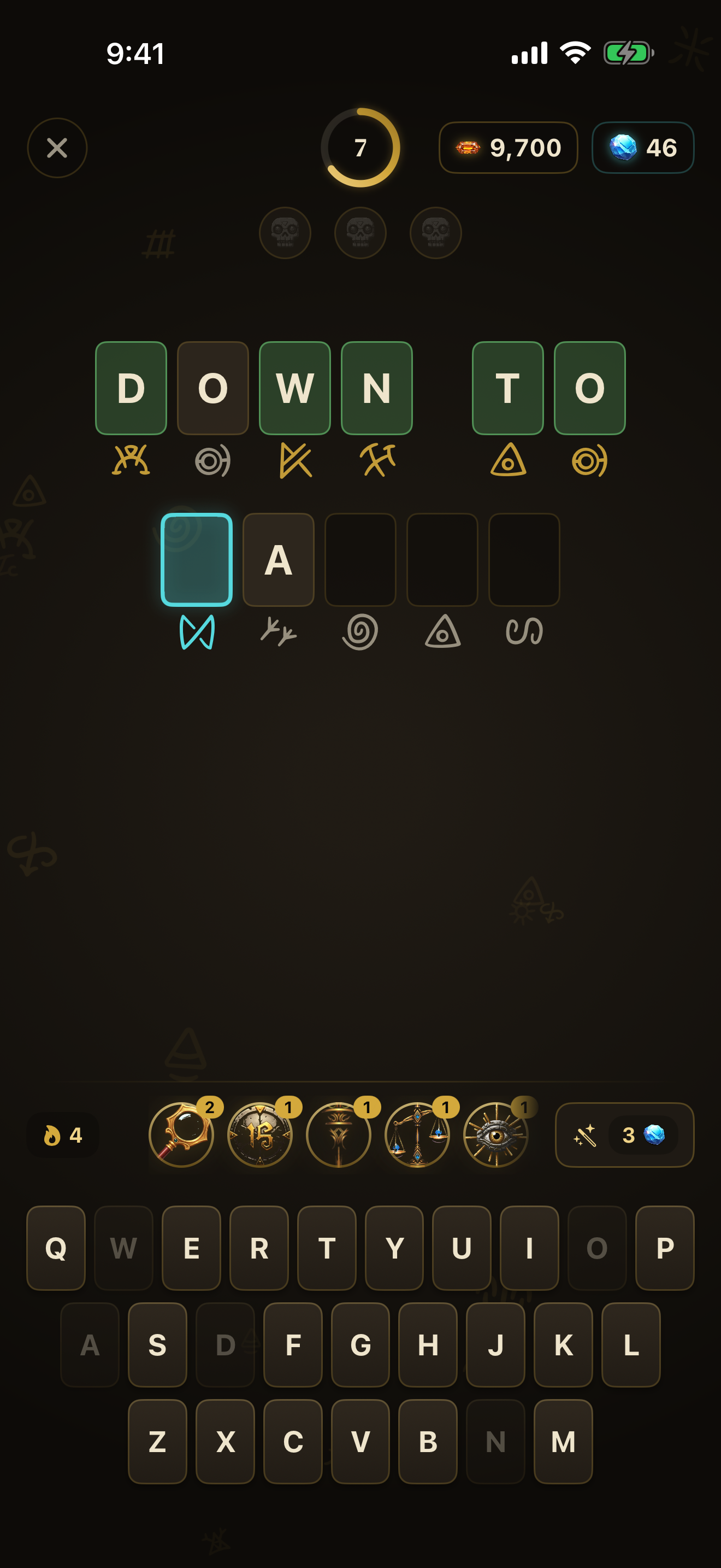 Mid-puzzle board with glowing letter tiles above their cipher symbols