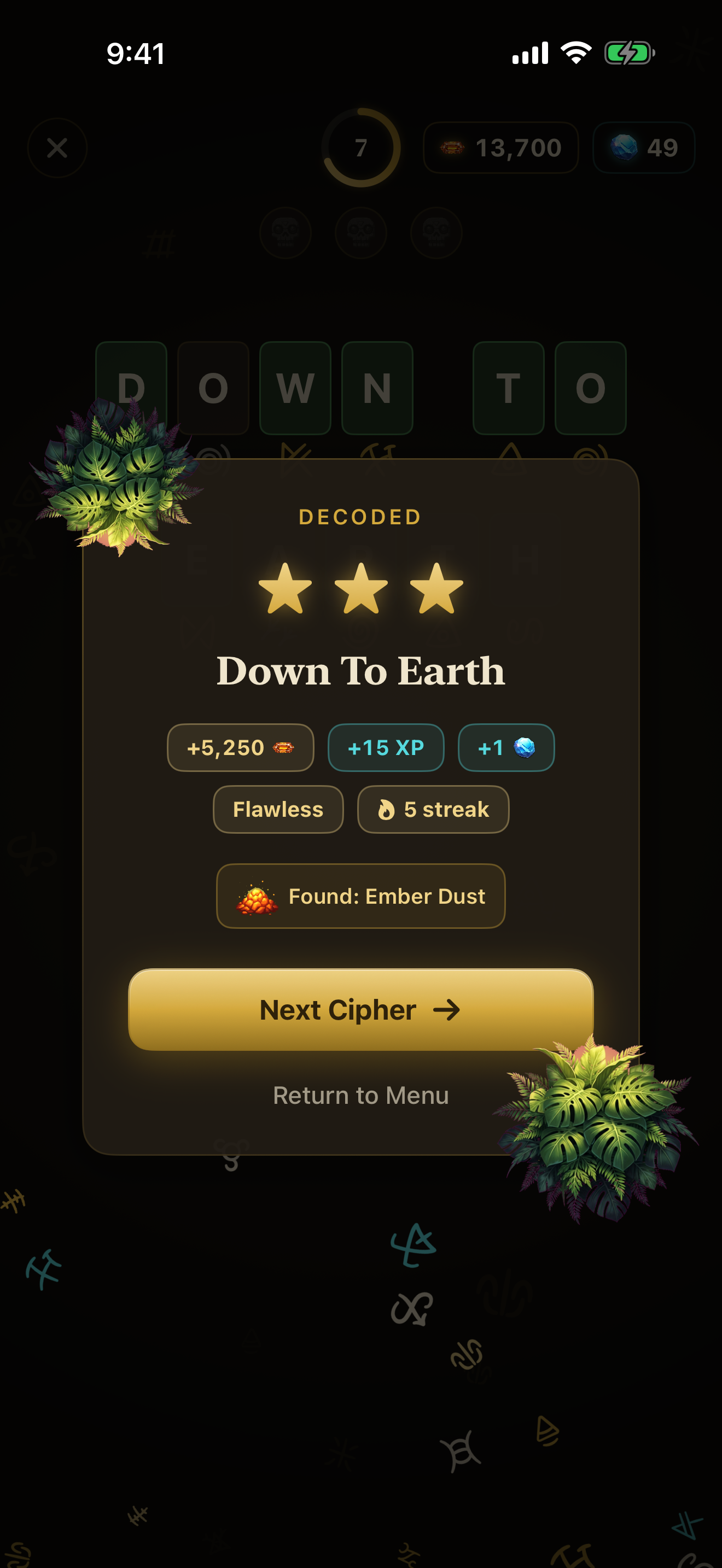 Victory screen with three gold stars, rewards and confetti for a flawless clear