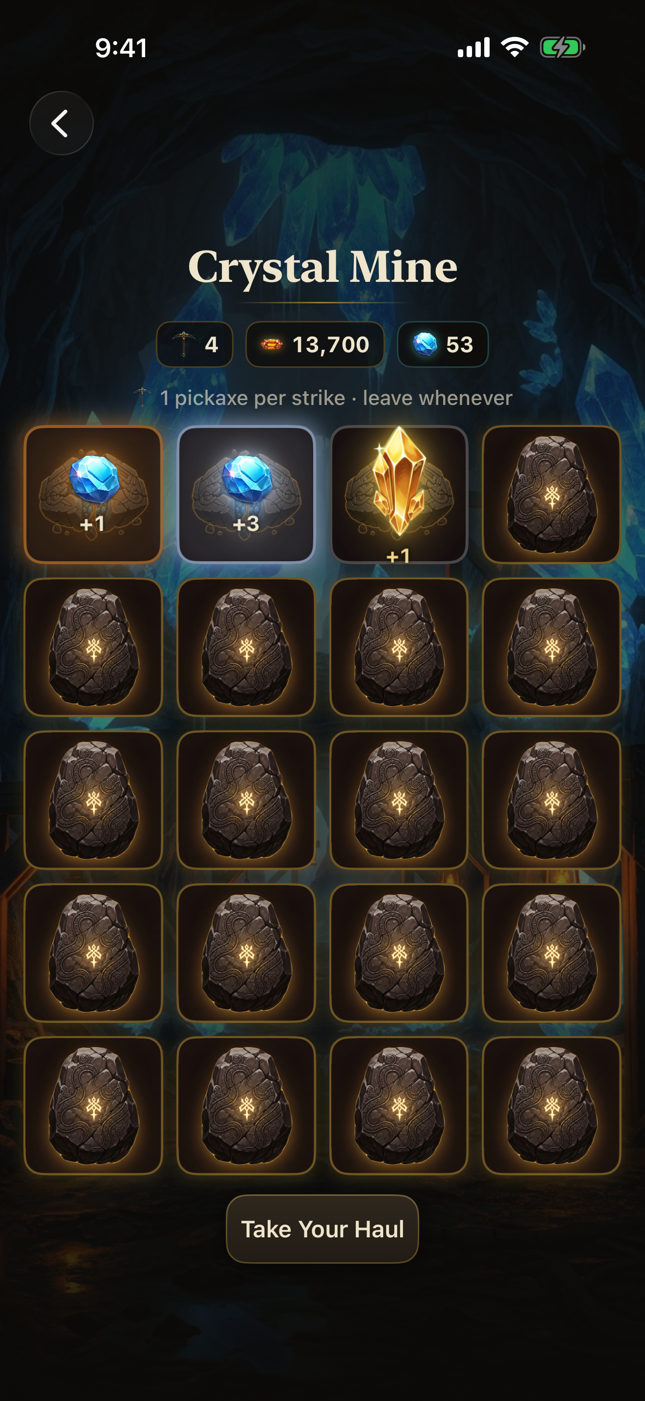The Crystal Mine — a grid of gem-bearing crystal nodes to break for free gems