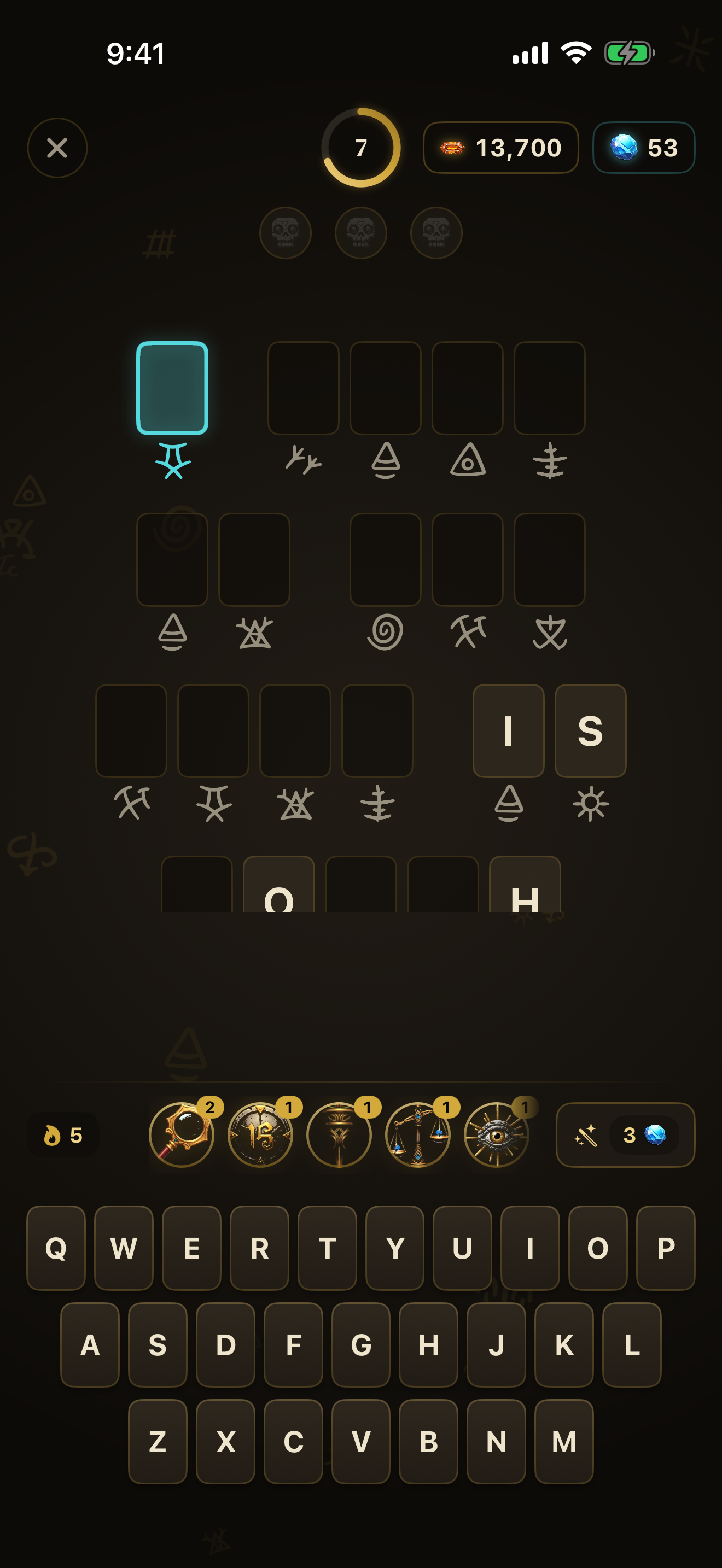 The Daily Cipher screen with a streak counter and weekly reward track